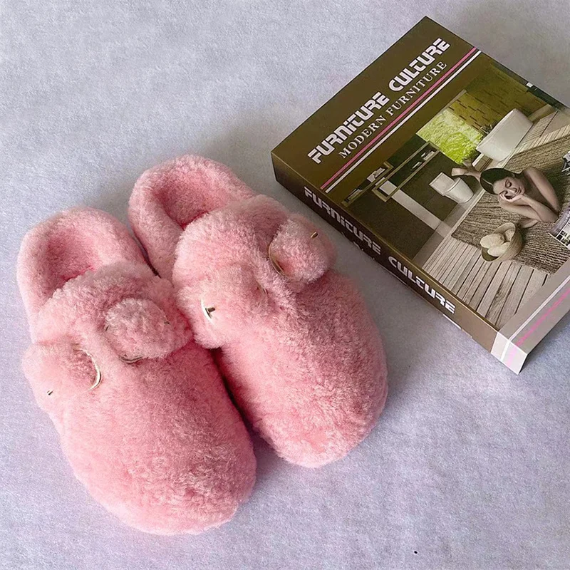 2021 New Women's Wool Flip Flops Autumn And Winter Warm Outdoor Slippers Casual Flat Slippers Warm Fur Home Shoes