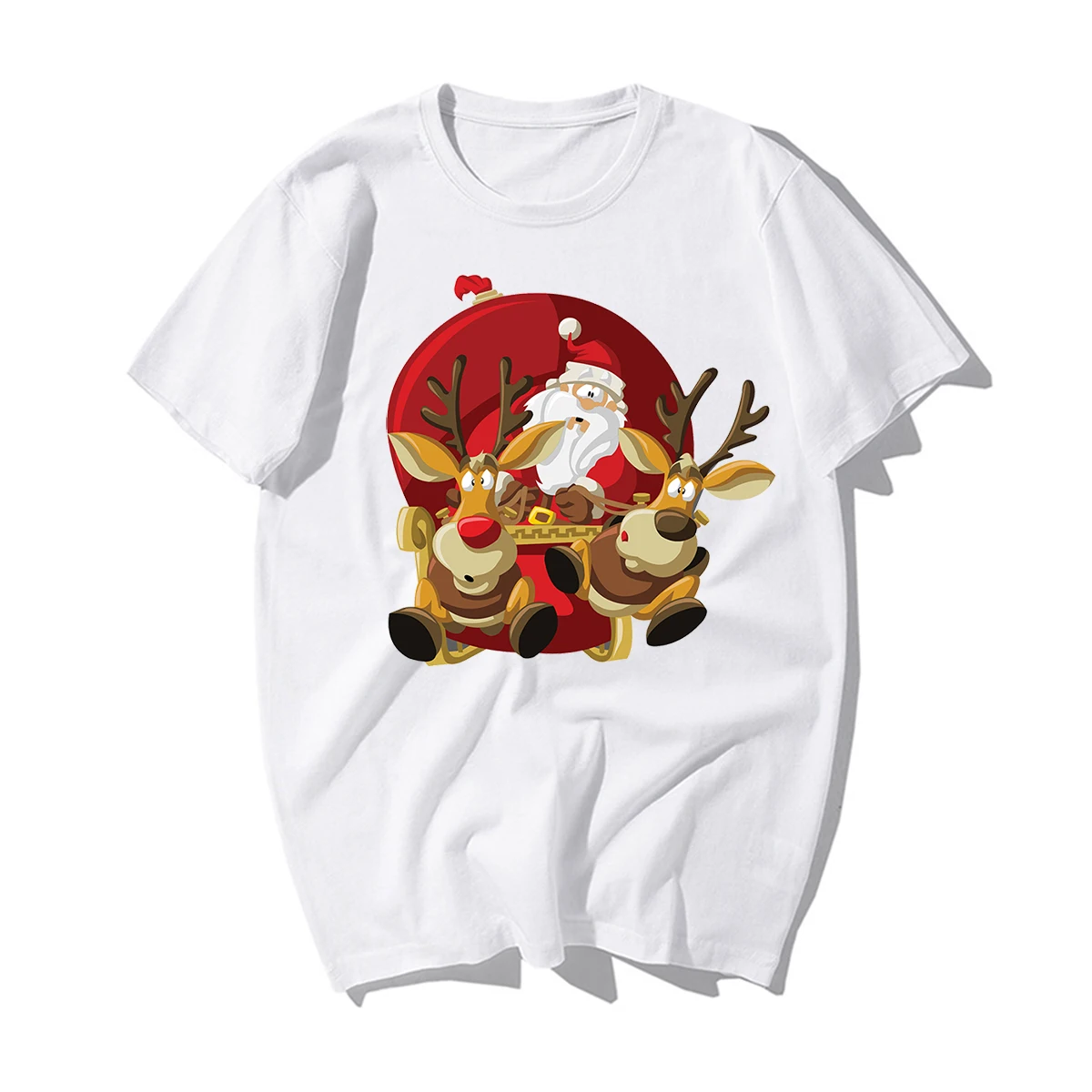 Забавные новогодние футболки с изображением Санта Клауса и оленя, мужские футболки с рождеством, мужские повседневные футболки из хлопка, подарок на Рождество для влюбленных - Цвет: White