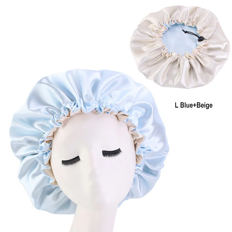 New Reversible Satin Bonnet double layer adjustable size Sleep Night Cap Head Cover Bonnet Hat for For Curly Springy Hair Black ladies head wraps Hair Accessories