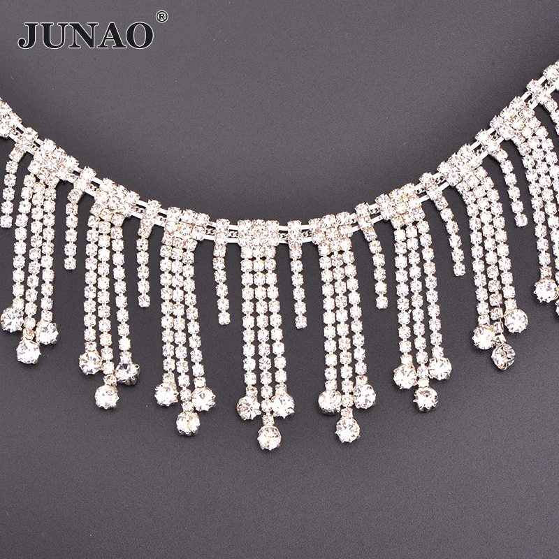 JUNAO 45cm/lot Silver Rhinestone Fringe Trim Clear Glass Strass Cup Chain Sewing Stones Applique For Dress Decoration | Дом и сад