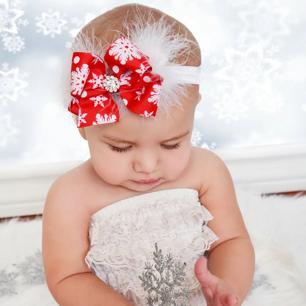 Моя первая Рождественская Детская повязка на голову с перьями и бантом; повязка на голову с изображением снежного цветка для девочек; детские головные уборы; рождественские аксессуары для волос;