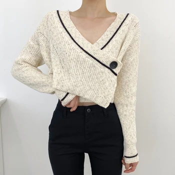 

2020 Korean Style Chic French Elegant Slim V-neck Cross Color Matching One Button Loose Short Knit Sweater Women Tops