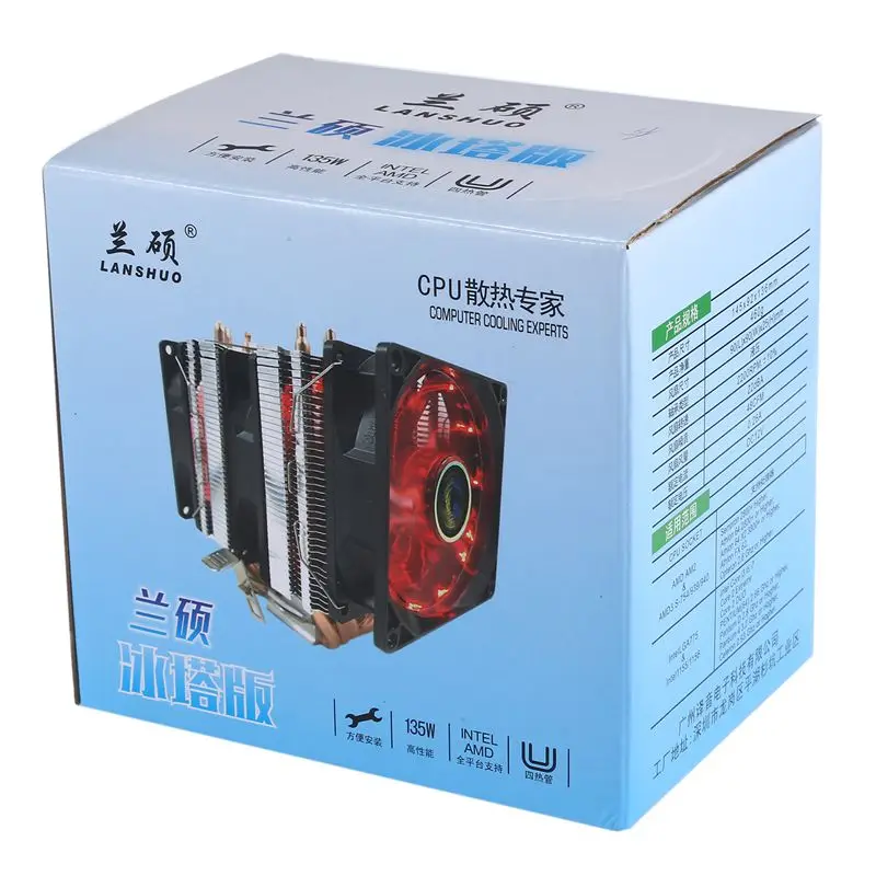 LANSHUO из чистой меди 4 тепловые трубки для 1366 1155 775 Intel/AMD Многоплатформенный процессор радиатор 3 провода с светильник три вентилятора(черный+ желтый