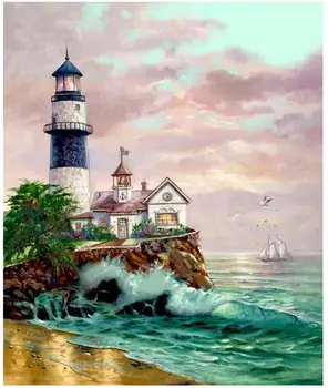 

Seaside Embroidery Mosaic Craft Lighthouse Diamond Painting Kits Crystal Picture Wall Paper Rhinestone Drawing Christmas Gift