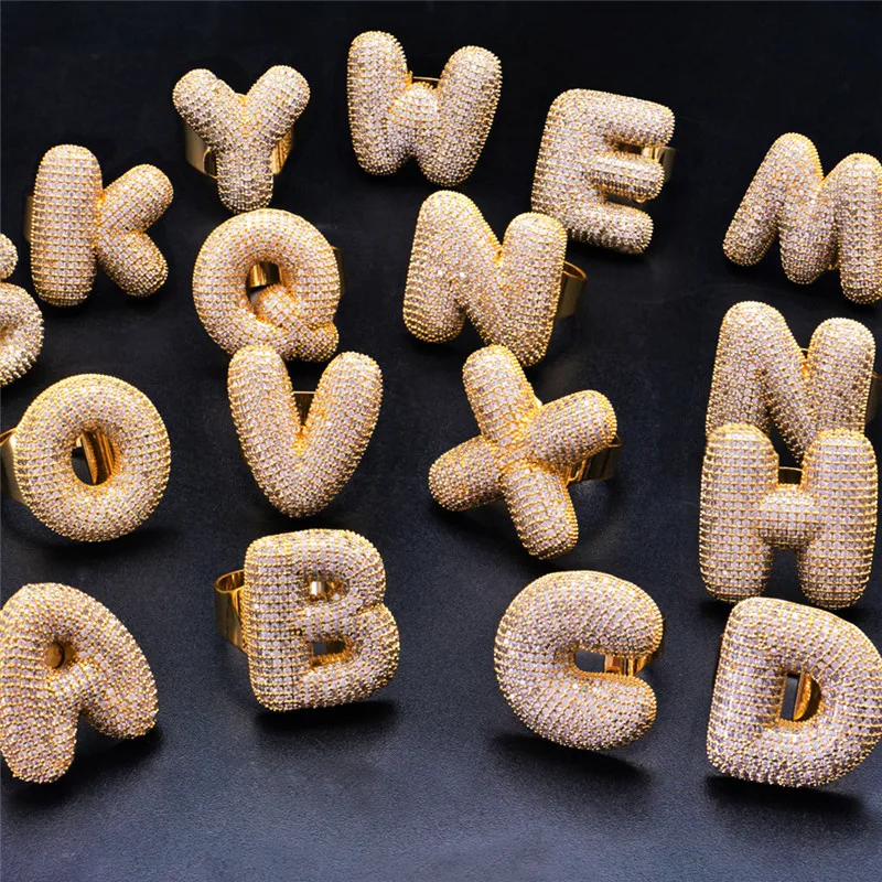 OMYFUN Hip-Hop Bling Ring A-Z Bubble Full CZ Iced Letter Rings Gold Silver Color Anillo Anel Male Accessory Bijoux Free Shipping
