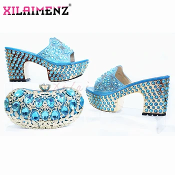 

African Design Women Shoes and Bag Set in Sky Blue Color 2020 Special Platform Slipper High Quality Nigerian Lady Shoes and Bag
