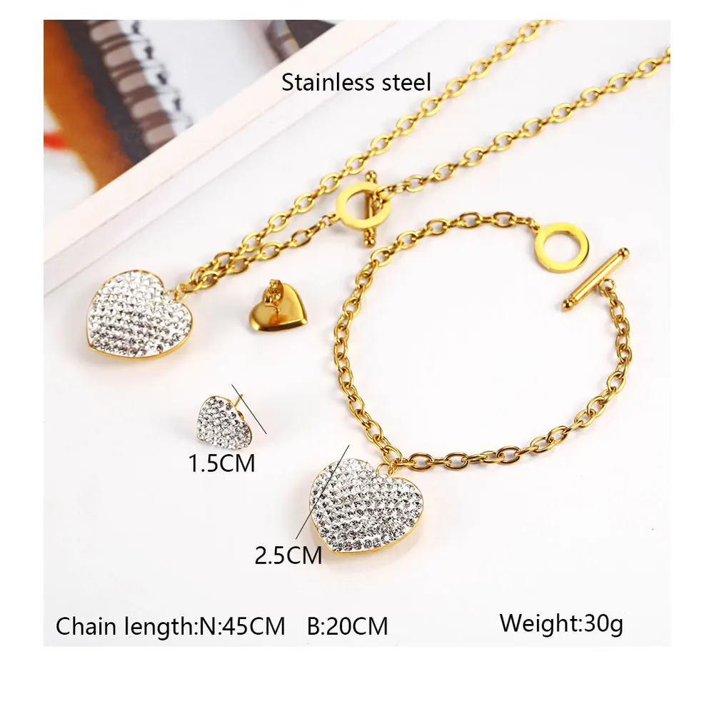 OUFEI Золотой ювелирный набор в форме сердца для женщин, аксессуары, Кристальное ожерелье, серьги, браслет, ювелирные изделия из нержавеющей стали, новинка