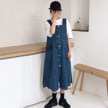 

#2741 Summer Suspender Denim Dresses For Women Sleeveless Multi-pockets Single Breasted Denim Jeans Dress Women Midi Loose Split