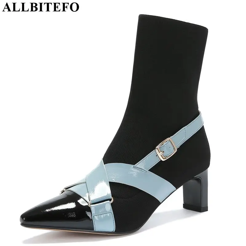 

ALLBITEFO fashion brand high heels ankle boots for women genuine leather+Elastic material women boots autumn martin boots