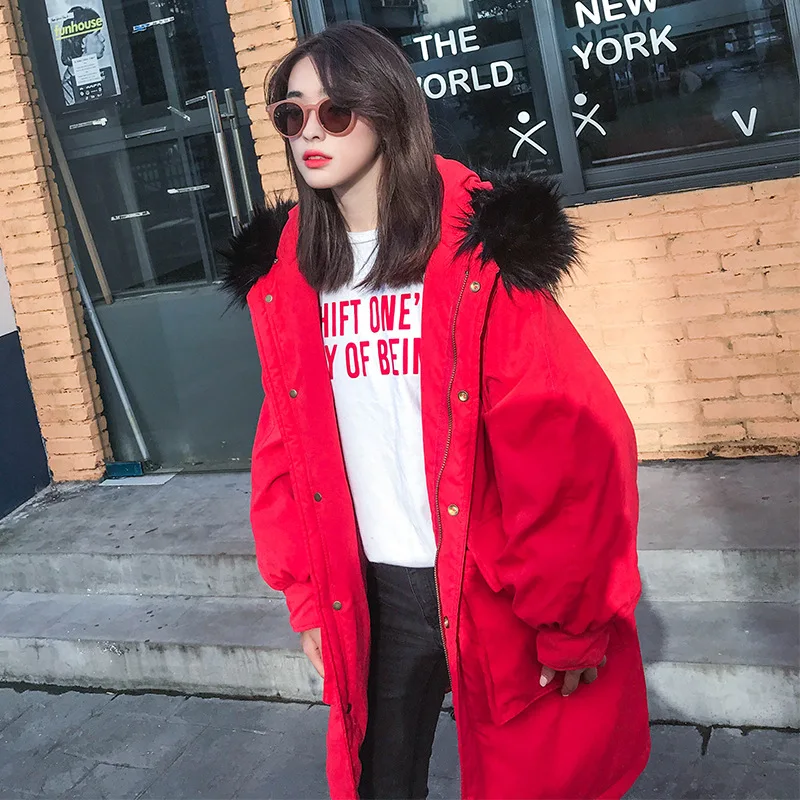 

Large Fur Collar Cotton Coat Women's Mid-length Korean-style Loose-Fit BF Short-height 2019 New Style Thick Winter Cotton Overco