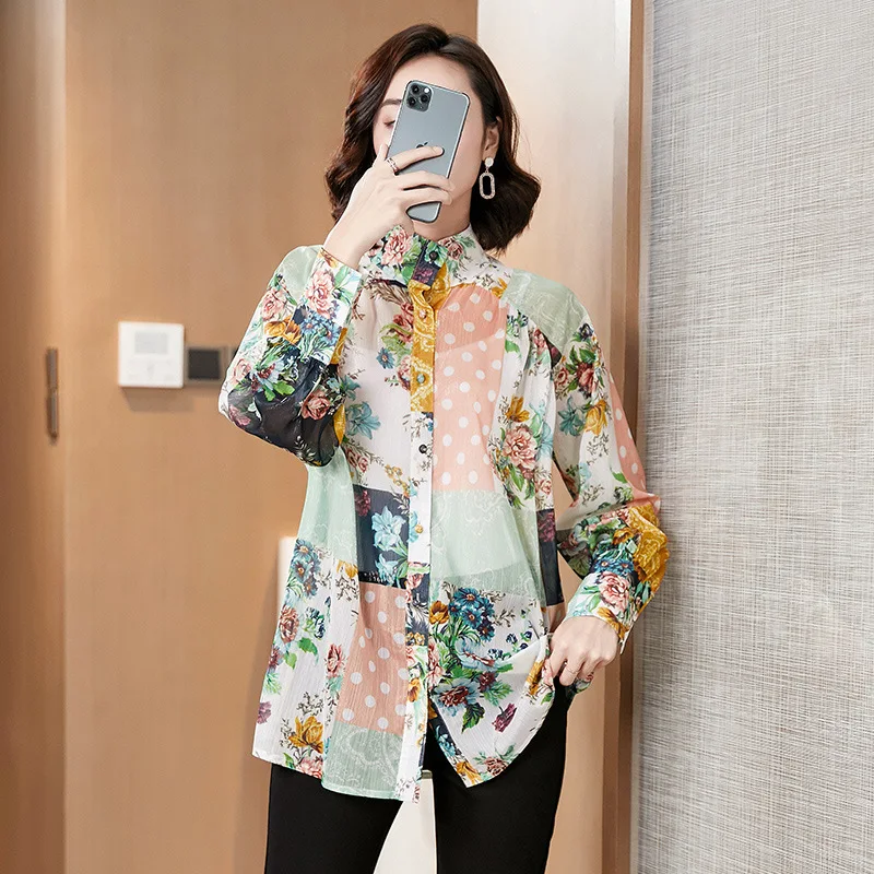

Stand Collar chemise femme Long Sleeves blouse women Floral Print Summer Autumn Fall camisas de mujer Button Up blusas y camisas