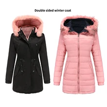 

Winter Women Cotton-padded Parkas Fur Collar Hooded Jacket Drawstring Warm Coats Double Side Can Be Wear Casual Female Outerwear