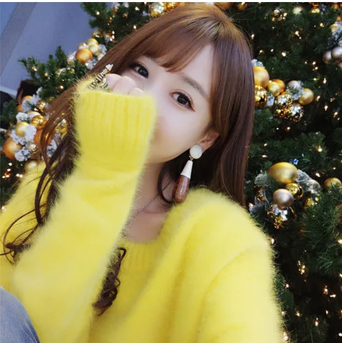 2019 autumn winter wear new Slash neck mohair sweater women's pullovers loose mink cashmere knitted  keep warm sweater jacket
