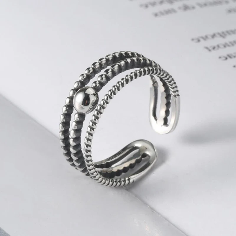 

Bijoux S925 Silver Vintage Simple Style Ring Multilayer Braided Line Round Beads Rings For Women Adjustable Chains Ring Jewelry