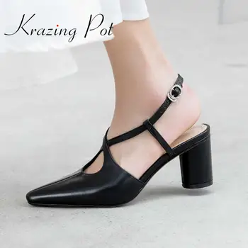 

Krazing pot hot saling new natural leather pointed toe summer shallow cross slingback brand design high round heels pumps L12