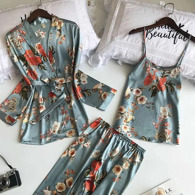 3PC Silk Robe Sleep Suit Womens Lace Satin Pajamas Gown Set V-Neck Cami Nighties Wear Pijama Home Nightwear Nightdress | Женская одежда