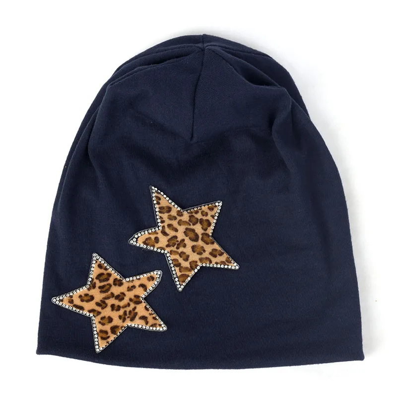 Navy Geebro зимние леопардовые звезды Стразы Skullies Beanies для женщин женские хлопковые эластичные мешковатые однотонные Шляпы Береты-кепки DT950 - Цвет: Navy