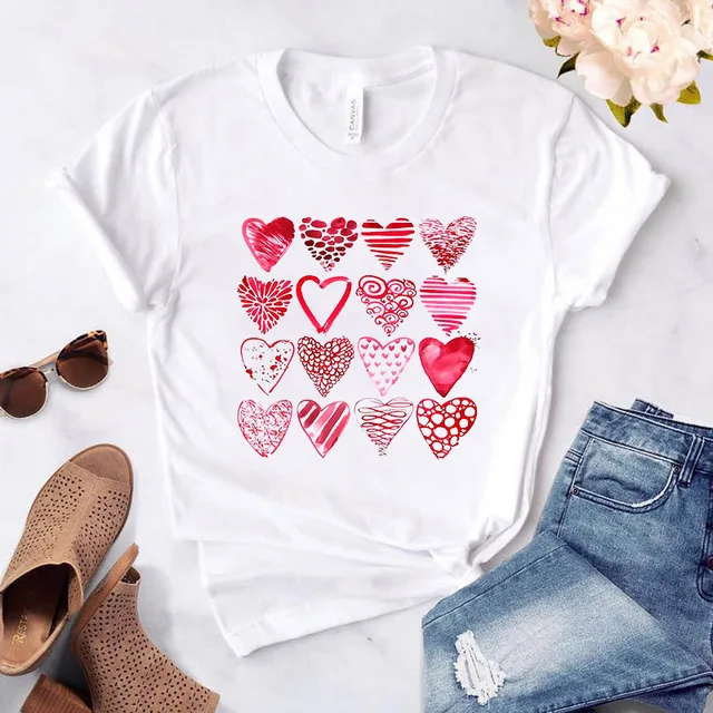 Heart flower print ladies T-shirt ladies casual basis O-collar white shirt short sleeve ladies T-shirt love graphic printing 32917
