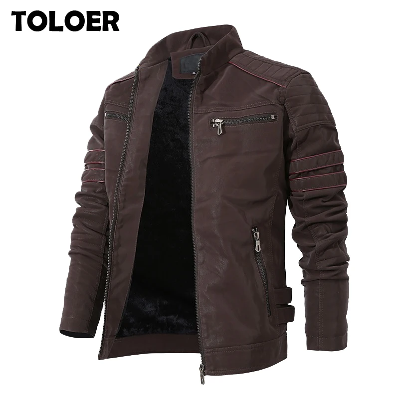 Fashion Winter Leather Jacket Men Stand Collar Motorcycle Washed Retro Velour Faux Zipper Pockets Mens Coats 3XL | Мужская одежда