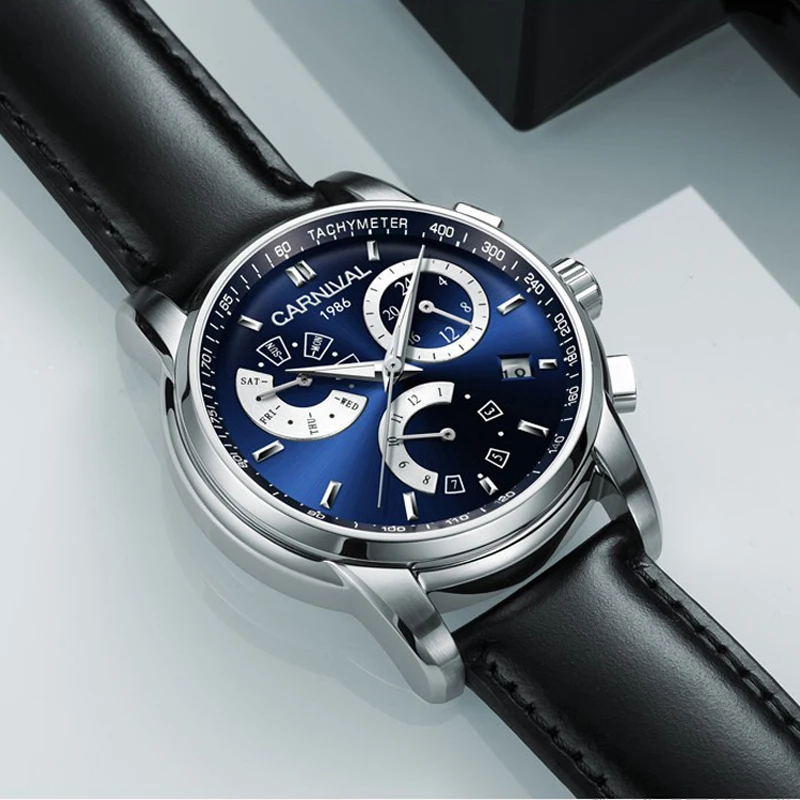 

CARNIVAL Luxury Blue Multifunction Dial Men's Automatic Watches Fashion Mechanical Watch Man Waterproof Date Relogios Masculino