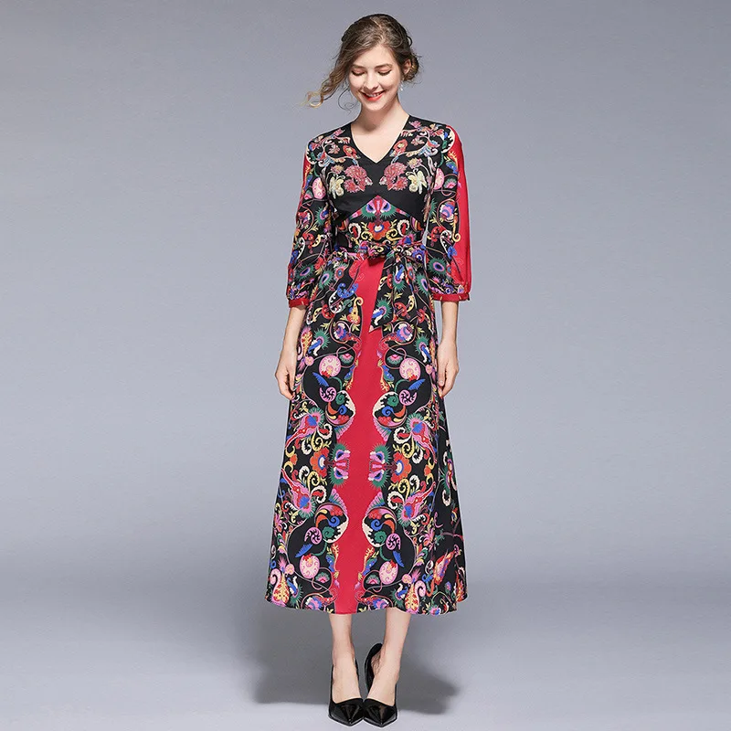 

002-Elegant Retro Floral Printed Dress 2019 Spring And Summer New Style V-neck Waist Hugging Puff Sleeve Long Skirts