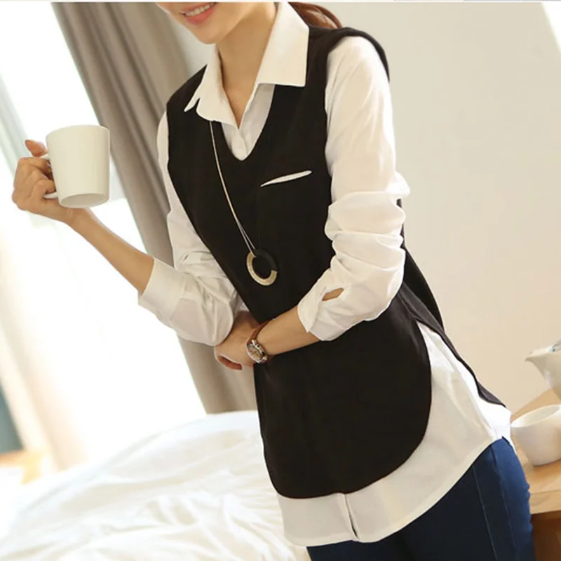 Женская блузка из двух частей свободная Тонкая с длинным рукавом в Корейском