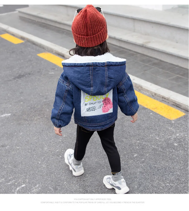 as piture Winter Girls Plus Thick Velvet Denim Jackets Children's Denim Warm Hooded Coat Kids Printed Flower Outwear - Цвет: as piture