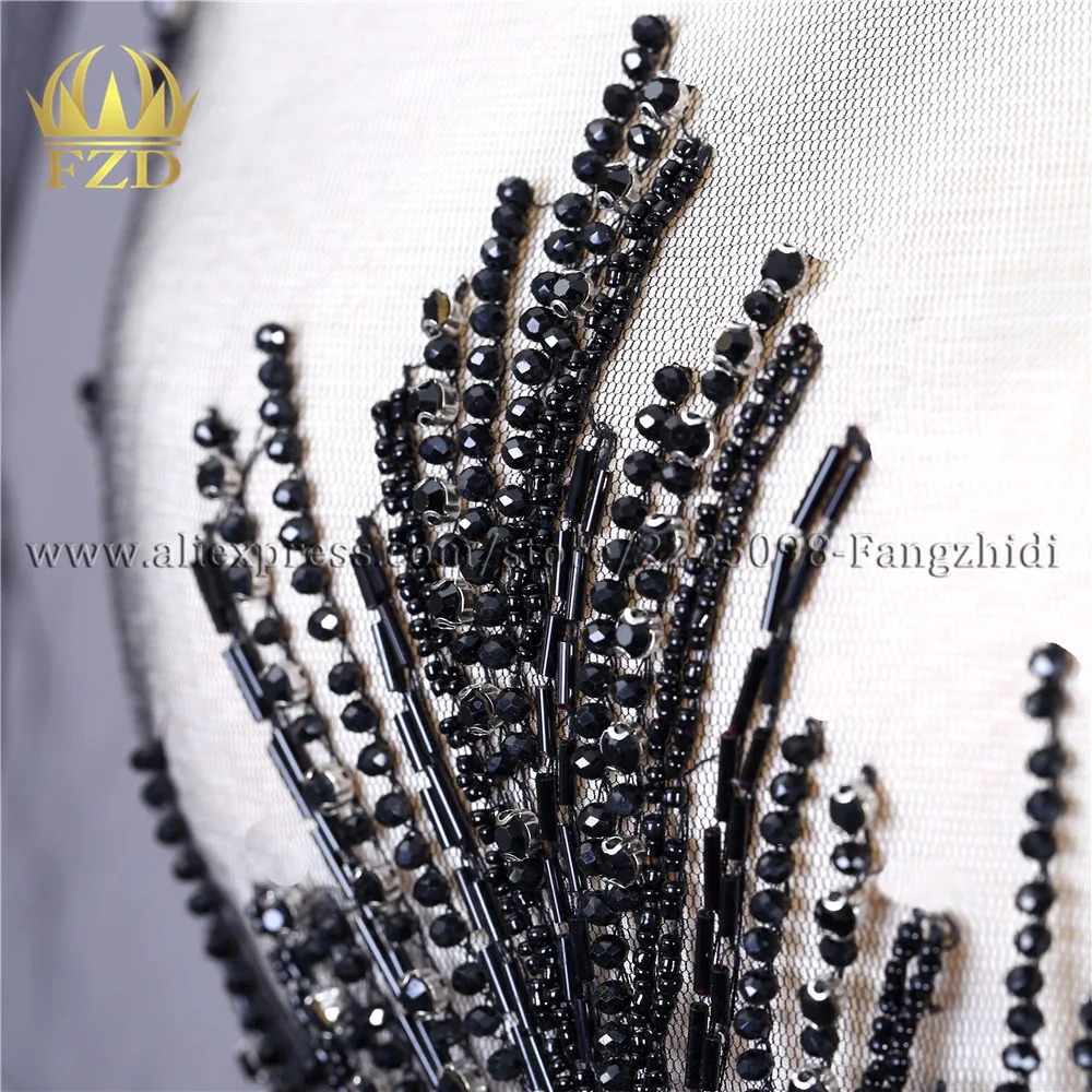 FZD 1 PC Party Black Cutting patches Bugle beads decorative patch for Wedding Dresses, DIY Decorative Women Clothes Handsewn