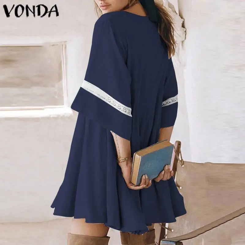 Модные женские повседневные свободные мини-платья с рюшами, Короткие Vestidos VONDA, Осенние стильные вечерние платья с расклешенными рукавами и круглым вырезом