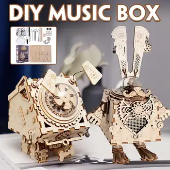 

DIY Wood Music Box Wooden Robot Dog Punk Rabbit 3D Puzzle Assembly Music Box Birthday Gift for Girlfriend Kids Children Toys