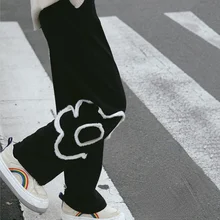 Fernan Three-dimensional Floral Embroidery Wide Leg Pants Women Winter Oversize Harajuku Sweatpants Black Trousers Plus Velvet