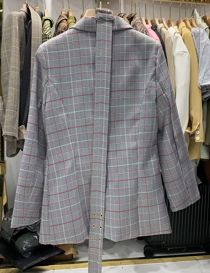 autumn and winter new loose long-sleeved lacing waist long section retro plaid suit jacket female