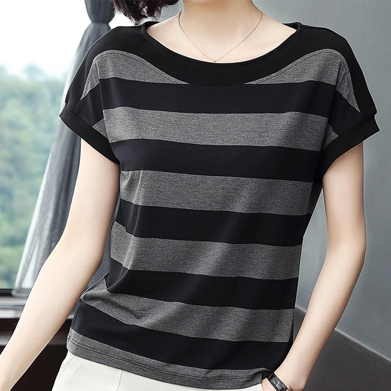 

Cotton Black Striped Women Summer Loose T-Shirts 2020 Female Plus Size Short Sleeve Casual O-Neck Modal T Shirt Ladies Soft Tops