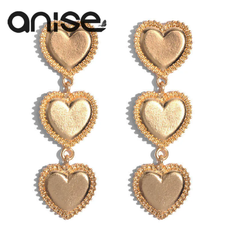 

Anise Women Gold Color Three Heart Chain Drop Earrings For lady Fashion Punk Long Dangle Earrings Gold Statement Jewelry
