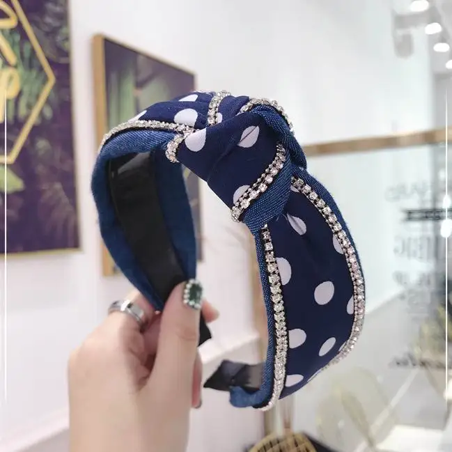 Корейский Модный черный белый горошек джинсовая ткань широкие резинки для волос для женщин модные аксессуары для волос горный хрусталь повязки для волос Головные уборы