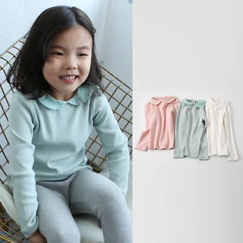 

Baby Girls T-shirt Long Sleeve Solid Pattern Peter Pan Collar Blouse T-shirts for Girls Ribbed Cotton Children Knitted Clothes