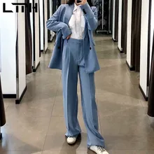 LTPH – blazer croisé vintage décontracté pour femmes, ensemble 2 pièces, pantalon formel, nouvelle collection printemps automne 2021 