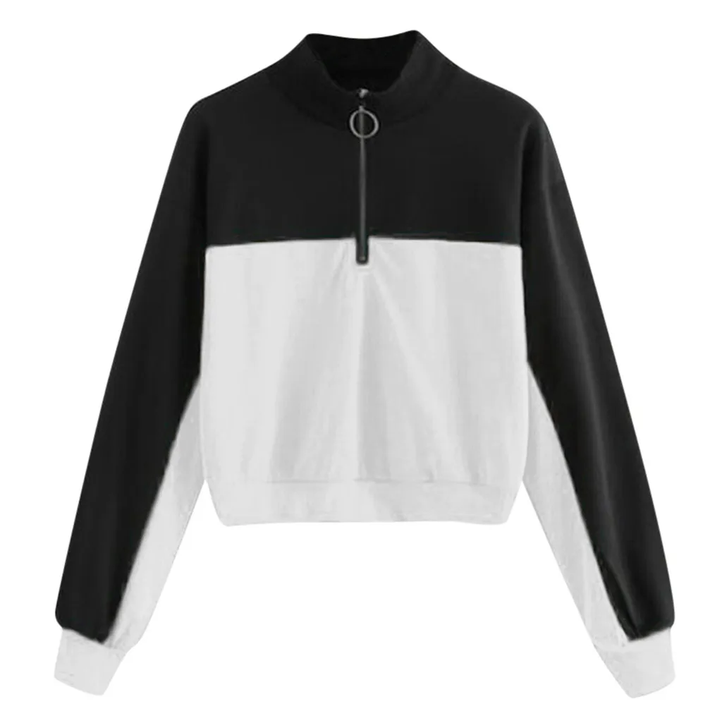 Jaycosin 2019 Fashion Autumn Women Simple Loose Colorblock Zipper Sweatshirt Stylish Long Sleeve Comfortable Casual Blouse 108#4