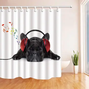 

Un Bulldog Negro Escuchar música 180X180 CM Cortinas Ducha Tejido al Moho Baño coraciones fantásticas Cortina baño