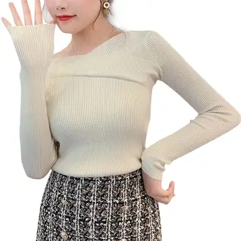 

Bottoming Sweater Women Autumn Winter Sweet Loose Neckline Slim Solid Color Knitted Long Sleeve Casual Shirts Sweater