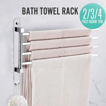 

2-4 Poles Bath Towel Rack Square Tube Stainless Steel Towel Holder Rack Shower Shelf Wall-Mounted Home 180° Rotation Paper Hold