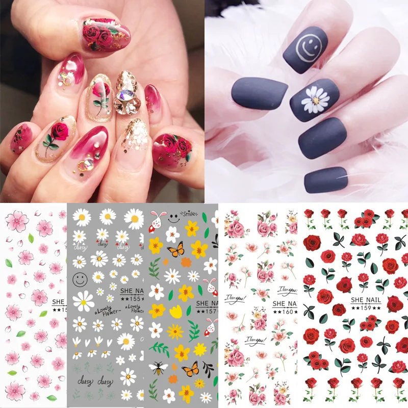 

Morixi flower nail decals for spring season small daisy rose pink yellow 3D manicure foils self glue nail art sticker JM010