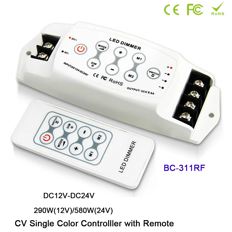 

BC-311/BC-311RF CV Single Color LED Dimmer Controller 3 channel Output dimmer 8A*3CH RF remote Wireless PWM LED dimmer DC5V-24V