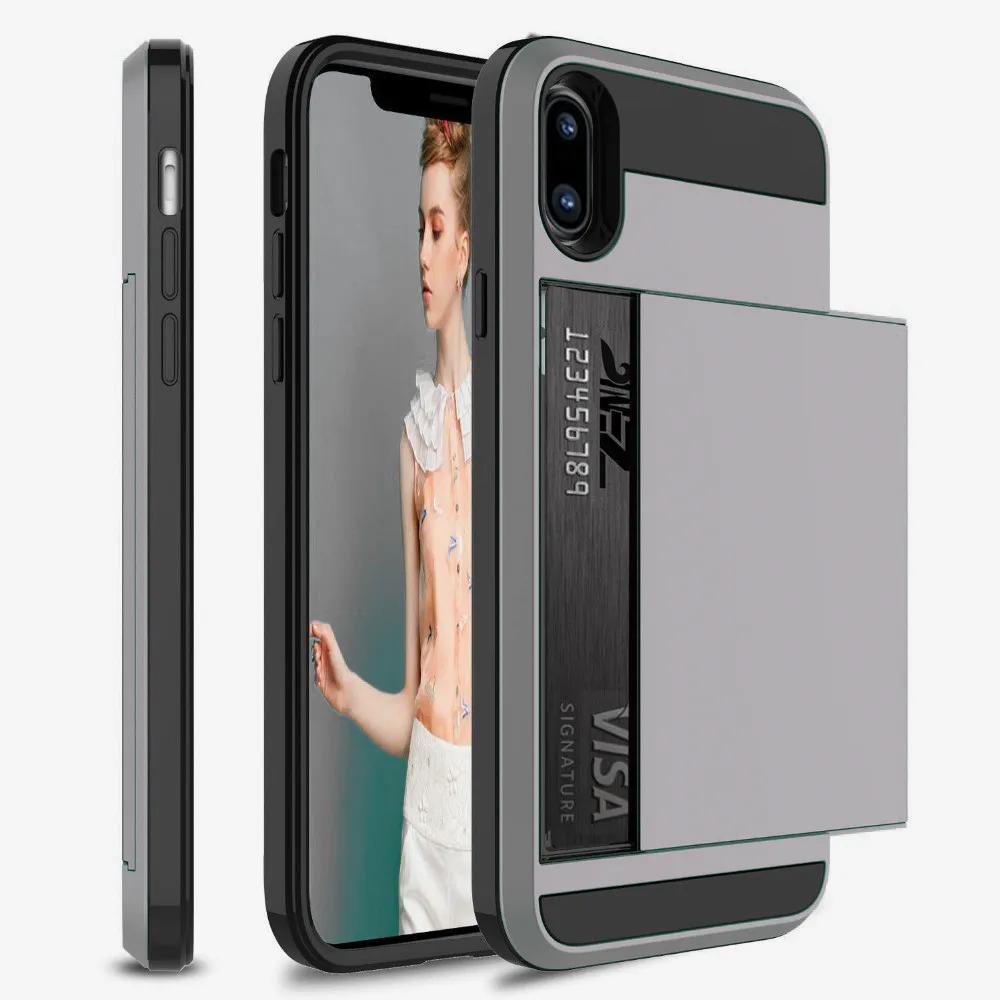 Гибридный защитный чехол для iPhone 8, 7, 6, 6S Plus, кошелек, чехол держатель для карт, противоударный резиновый бампер, чехол для iPhone X, 10, 6, 6 S, чехол - Цвет: Gray