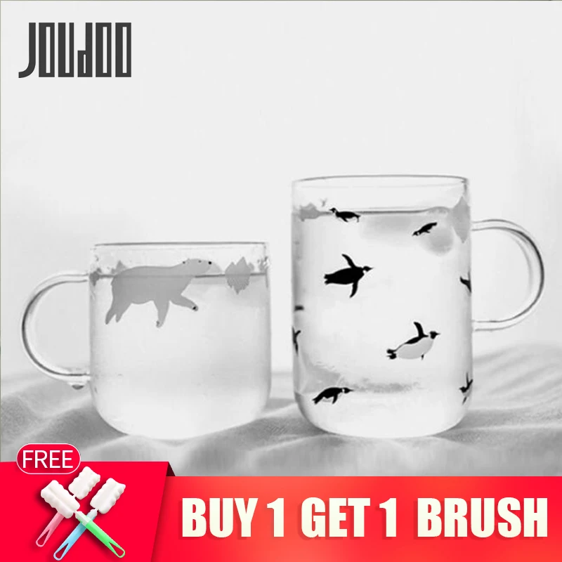 

JOUDOO Sweet Polar Bear Glass Mugs with Handgrip Fresh Handmade Penguin Water Cups Simple Coffee Tea Milk Beer Couples Mugs 35