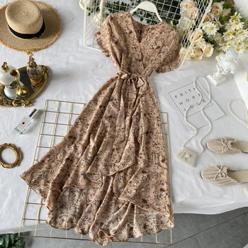 

Teeuiear Boho V Neck Vintage 2020 floral print ruffles slim bandage long Dress summer Party Women beach tunic irregular dress