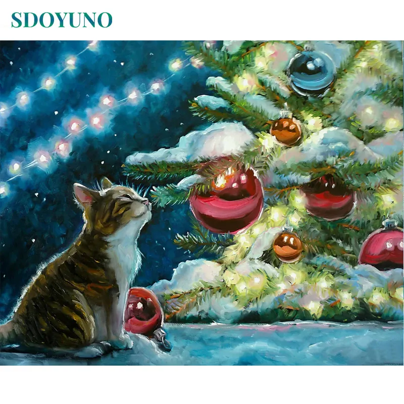SDOYUNO, 60X75 см, акриловая краска по номерам, кошка, Рождество, на холсте, животные, настенная живопись, Безрамная, сделай сам, краска по номерам - Цвет: 2476
