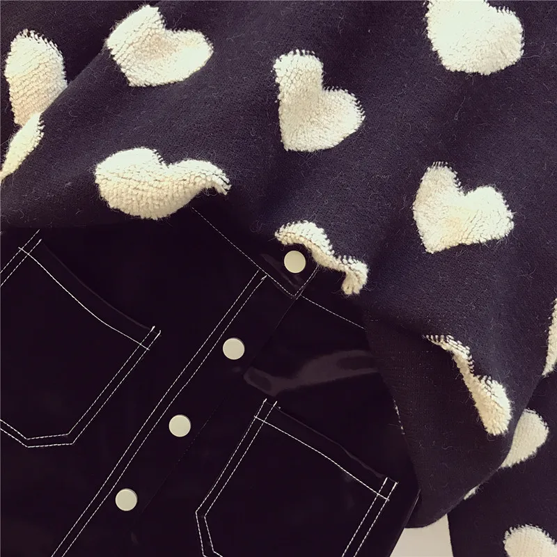 Женский вязаный пуловер большого размера с узором в виде сердца, свитер+ нестандартная черная юбка из искусственной кожи, комплект, осенне-зимний женский комплект одежды из 2 предметов