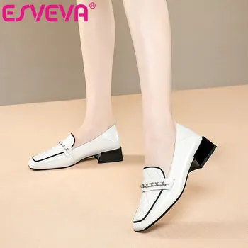 

ESVEVA 2021 Women Pumps Shoes All Match Leather +PU Square Low Heels Chains Fashion Shoes Women Casual Big Size 34-42
