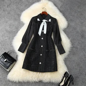 

2020 New Fashion Designer Autumn Runway Long Sleeve Turn Down Collar Bowknot Patchwork Above Knee Tweed Woolen Dress Women